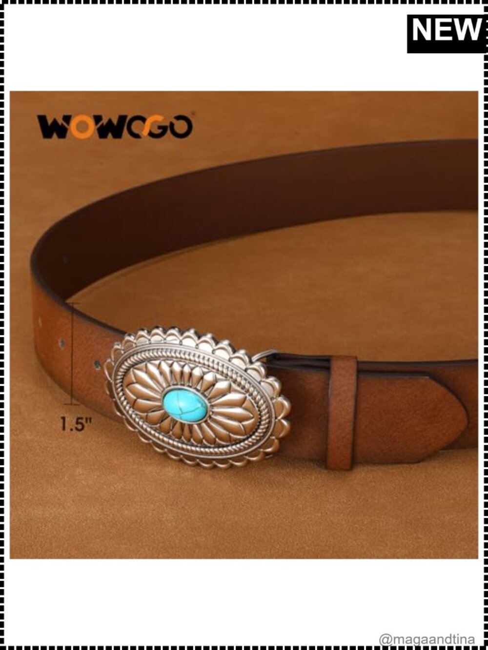 PU Faux Leather Western Cowgirl Concho Turquoise Buckle Belt